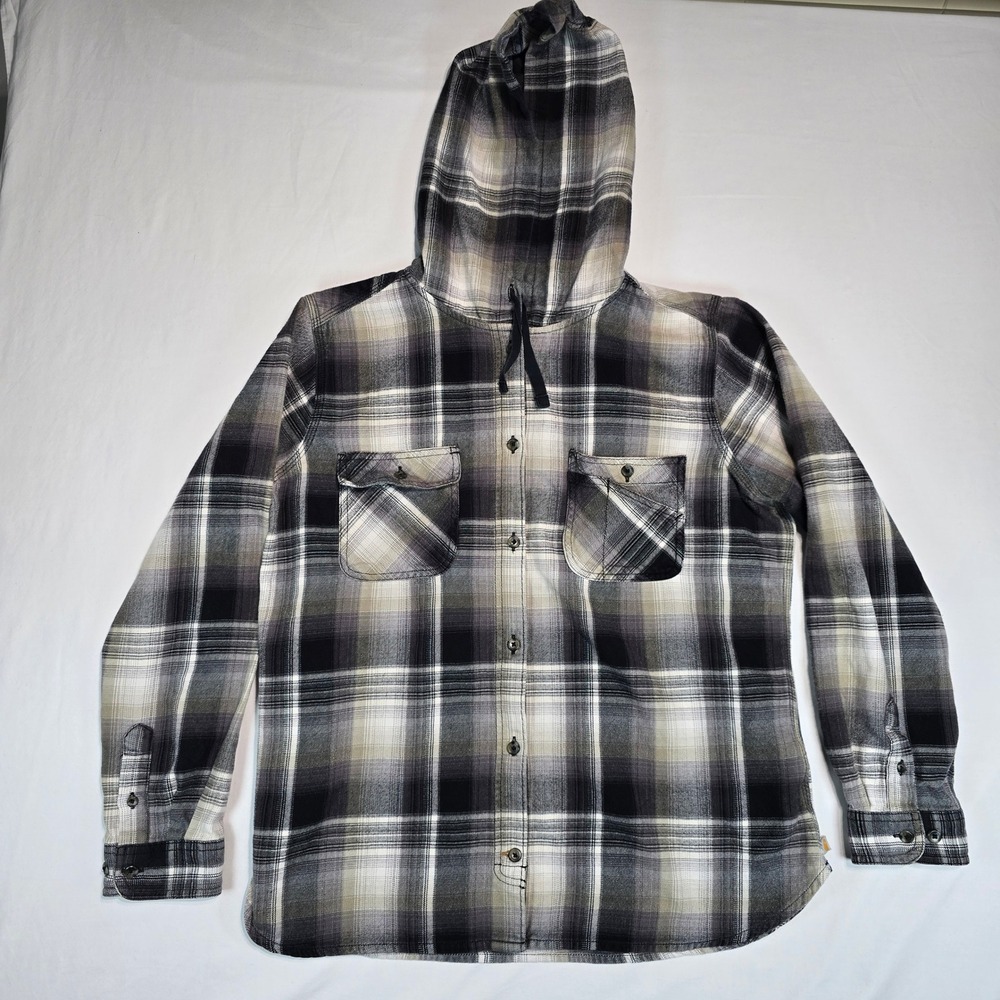 Carhartt Boys XL 16/18 Hooded Flannel Shirt Plaid Black Grey White 103235 039